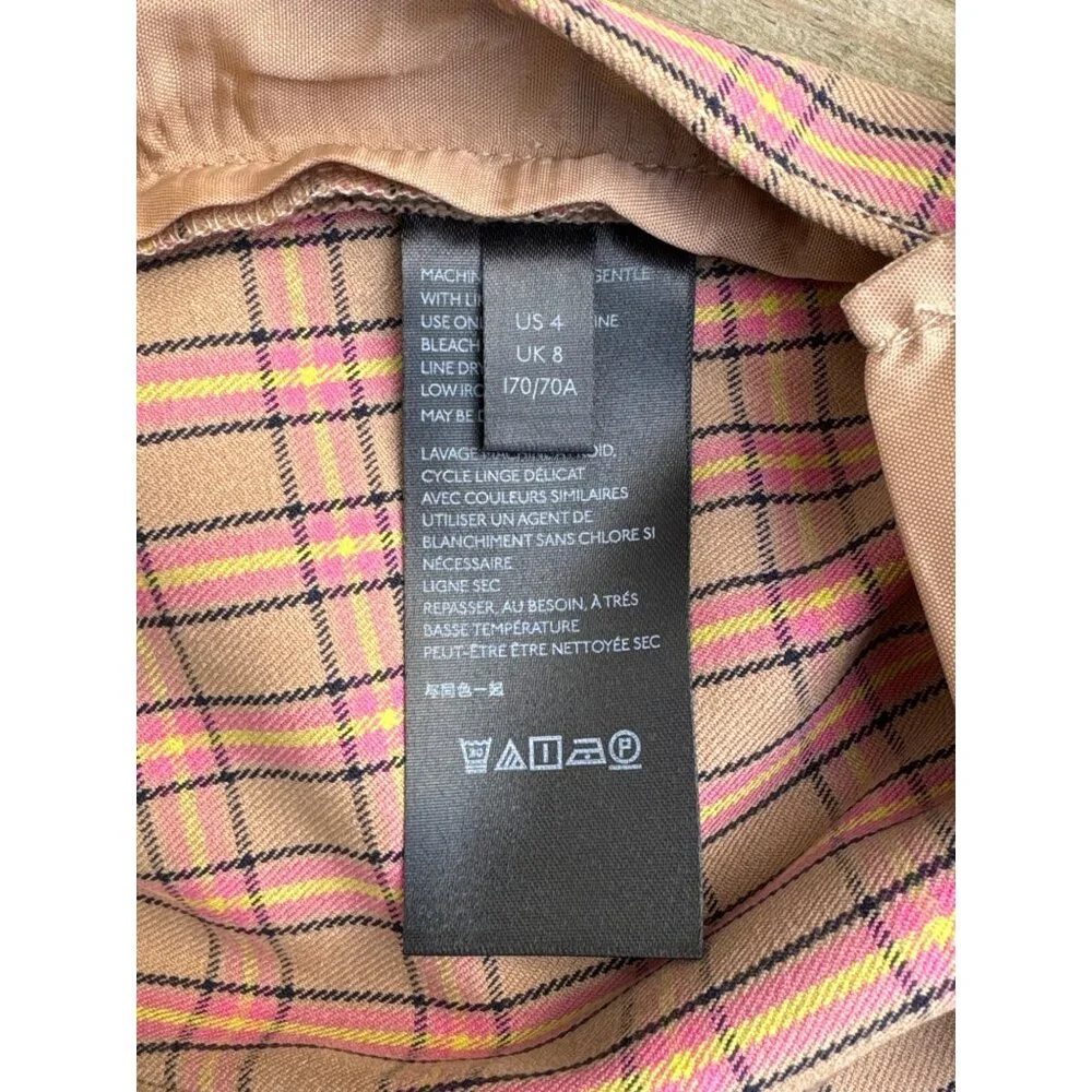 Anthropologie Essential Slim Plaid‎ Pants 4 Preppy Clueless Pink Beige